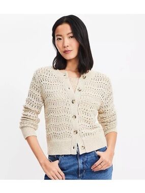Loft Shimmer Pointelle Crewneck Cardigan S Gold Neutral